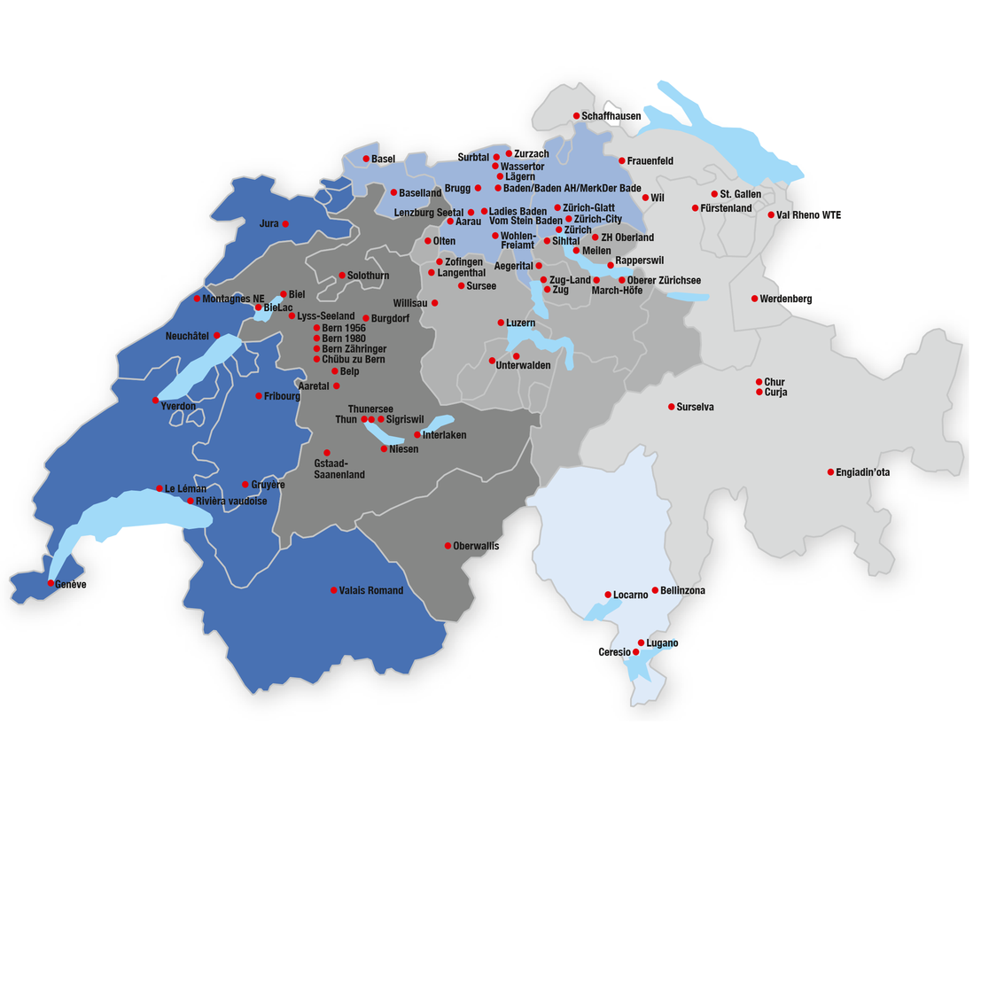 Stilisierte Stadtkarte mit Markierungen für Clubs